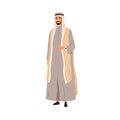 Muslim Arab man wearing traditional apparel, thobe, vest and headwear. Arabian person in tunic and keffiyeh. Oriental