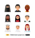 Muslim arab people avatars characters icons set in flat style isolated different arabic ethnic man and woman users faces