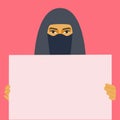 Muslim arab woman holding empty banner. Female character in hijab with protest or message poster. Womens rights, no war or other