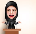 Muslim arab woman talking in microphone in front of conference for politic Royalty Free Stock Photo