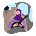 Muslim Arab woman in traditional purple hijab with a safety belt driving a car and honking at the wheel. Vector