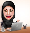 Muslim arab woman vector character as professional working with laptop