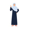 Muslim Arab woman wearing hijab and abaya stand front view and wave hand at you.