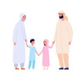 Muslim arabic family. Arab kids, islam mother father children. Cartoon boy and girl in hijab, isolated adults and youngs