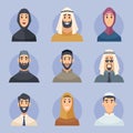 Muslim avatars. Arabic male and female characters front view portraits faces vector east people