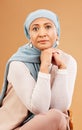 Muslim, beauty and fashion with senior woman in portrait, Islamic clothes with hijab against studio background