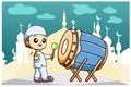 Muslim boy with drum mosque at Ramadan Kareem cartoon illustration