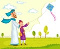 Muslim boy flying kite with parent