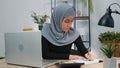 Muslim business woman accountant working with financial document bills, calculate taxes in office