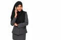 Muslim businesswoman hijab looking at camera isolated on white background. Smiling young arabian women talking on mobile phone Royalty Free Stock Photo