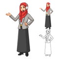 Muslim Businesswoman Operator Wearing Red Veil or Scarf with Welcoming Hands and Head Phone