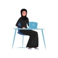 Muslim businesswoman sitting at table with laptop. Work in office. Young girl in long black dress and hijab. Flat vector Royalty Free Stock Photo