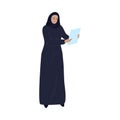 Muslim business woman in a traditional ethnic black hijab with documents. Vector illustration in flat cartoon style.