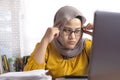 Muslim Businesswoman Working on Laptop at the Office, Thinking Gesture Royalty Free Stock Photo