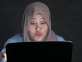 Muslim Businesswoman Working on Laptop Shocked Stunned Excited Gesture