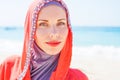 Muslim caucasian (russian) woman wearing red dress Royalty Free Stock Photo