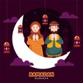 Muslim character people pray to allah, Islamic holy month of Ramadan kareem Minimal origami design concept on night background