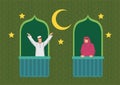 Muslim couple with crescent moon, stars and a texture green background. Ramadan fasting or Hari Raya concept