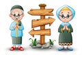 Muslim couple greeting cartoon with blank wood arrow sign