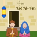 Muslim Couple Greeting Vector Illustration for Eid Fitr Concept