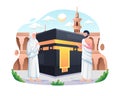 A Muslim couple performs Islamic Hajj Pilgrimage. Man and Woman Hajj characters wear ihram clothes with a Kaaba background