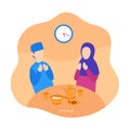 Muslim couple praying to Allah during iftar time for break fasting in ramadan month vector flat illustration