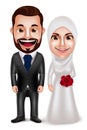 Muslim couple vector characters as bride and groom wearing hijab