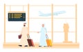 Muslim couple walks through airport building to board plane. Arabian plane passengers. Airline terminal. Saudi man and