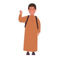 Muslim cute schoolboy in traditional clothes standing, boy waving with smile