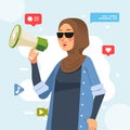 Muslim dark brown hijab young girl holding megaphone shouting loud announcing social media Promotion advertising concept