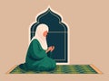 Muslim Elderly Woman Character Offering Prayer (Namaz) On Mat And Copy Space. Islamic Religious Concept