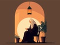 Muslim Elderly Woman Character Using Tasbih At Chair Near Plant Pots And Hanging Illuminated Arabic Lamp On Orange And Brown