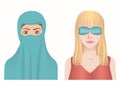 Muslim and European woman avatars set. Hijab or spectacle. Royalty Free Stock Photo