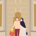 Muslim families parents and girls wear health masks in mosque when corona covid-19 virus pandemic Ramadan with modern