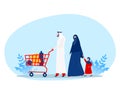 Muslim family buying shopping with wheeling shopping cart in grocery store. Vector illustration for retail, lifestyle, Arab people