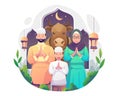 A Muslim Family celebrates Eid al Adha. Happy Eid Mubarak with Family, Cow, Mosque, Crescent, and Lantern background