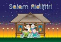 A Muslim family celebrating Raya festival in their traditional Malay style house. With village scene. The words