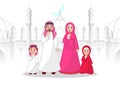 Muslim family character in front of mosque.