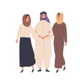 Muslim family flat vector illustration. People in national clothes, polygamy, Islamic marriage tradition, culture