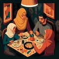 A Muslim family gathered for an evening meal. Month of the holy fast of Oraza. For your design