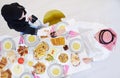 Muslim family having Iftar dinner eating dates to break feast top view Royalty Free Stock Photo