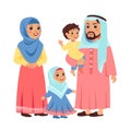 Muslim family portrait. Arabic people, mother and father with funny children in traditional national clothes, daughter