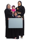 Muslim family, portrait and poster space with children, mother and grandmother together in hijab. Islam religion peace