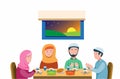 Muslim family pray before meal to break the fasting, islam religion activity in ramadan season. cartoon flat illustration vector i