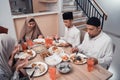 Muslim family together pray before meals Royalty Free Stock Photo