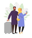 Muslim family traveling, hijab abaya traditional clothing, vector illustration