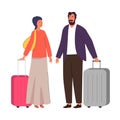 Muslim family traveling, hijab abaya traditional clothing, vector illustration