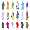 Muslim fashion icons set isometric vector. Arab casual