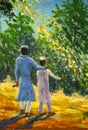 Muslim father and son walking in a sunny landscape painting