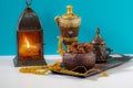 The Muslim feast of the holy month of Ramadan Kareem. Beautiful background with a shining lantern Fanus. Free space for your text. Royalty Free Stock Photo
